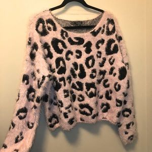 cropped, pink and fuzzy leopard print sweater